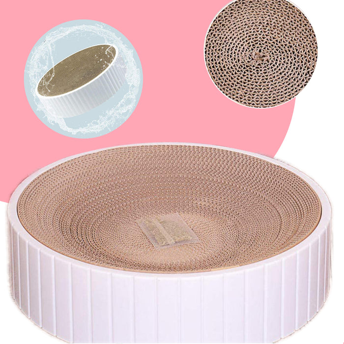 White Cat Scratcher with a pack of Catnip