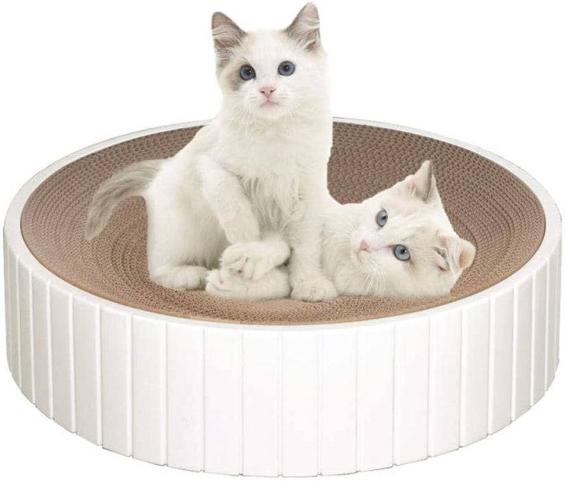 White Cat Scratcher with a pack of Catnip
