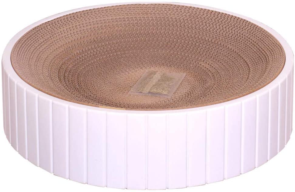 White Cat Scratcher with a pack of Catnip