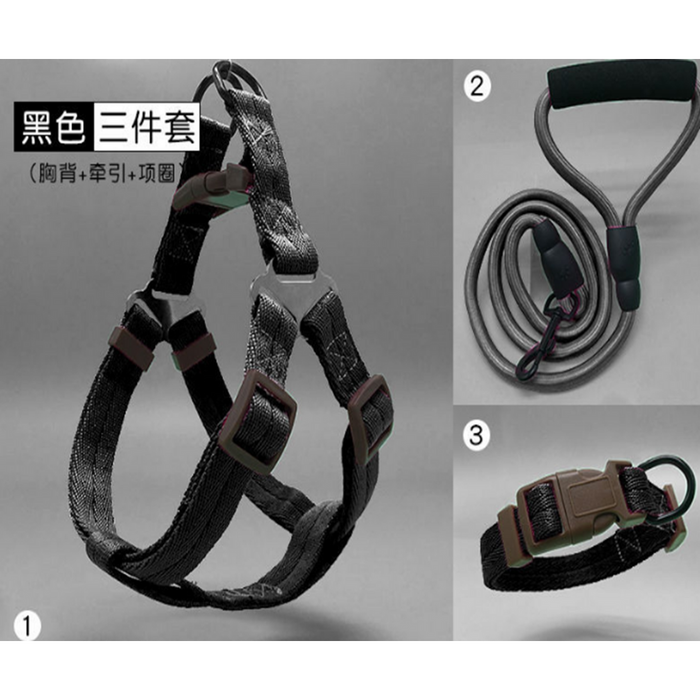Pawsitively Chic Set of 3: Dog Harness, Collar, and Leash Set! (Black, XS/S/M/L)