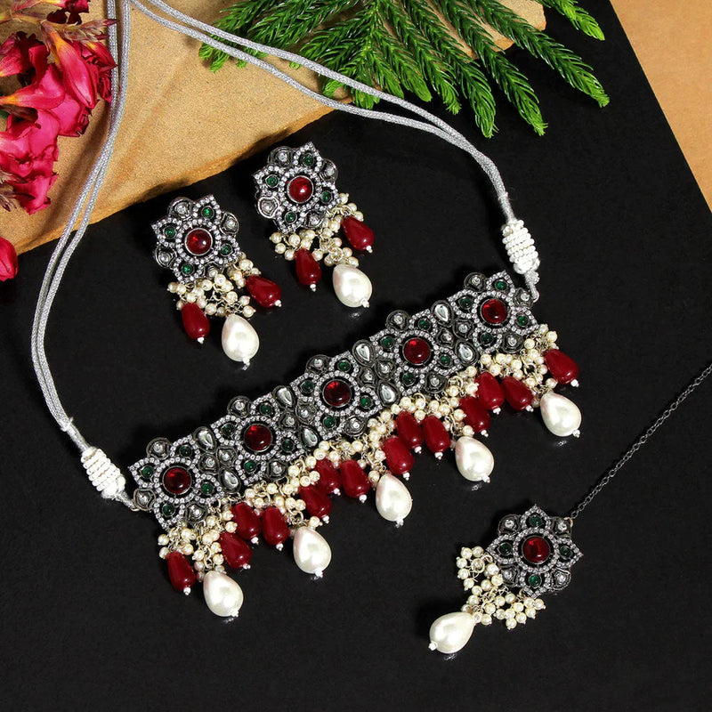 Maroon & Green Color Black Silver Brass Premium American Diamond Choker Necklace Set (PCZN680MG) - Maroon & Green