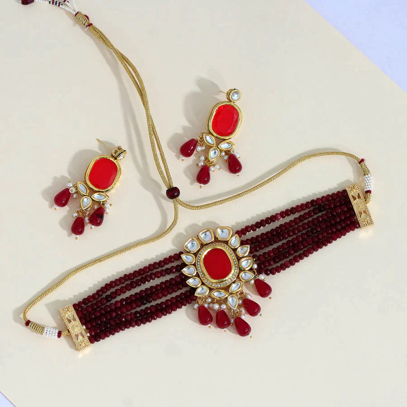 Maroon Color Choker American Diamond Necklaces Set (CZN473MRN) - Maroon
