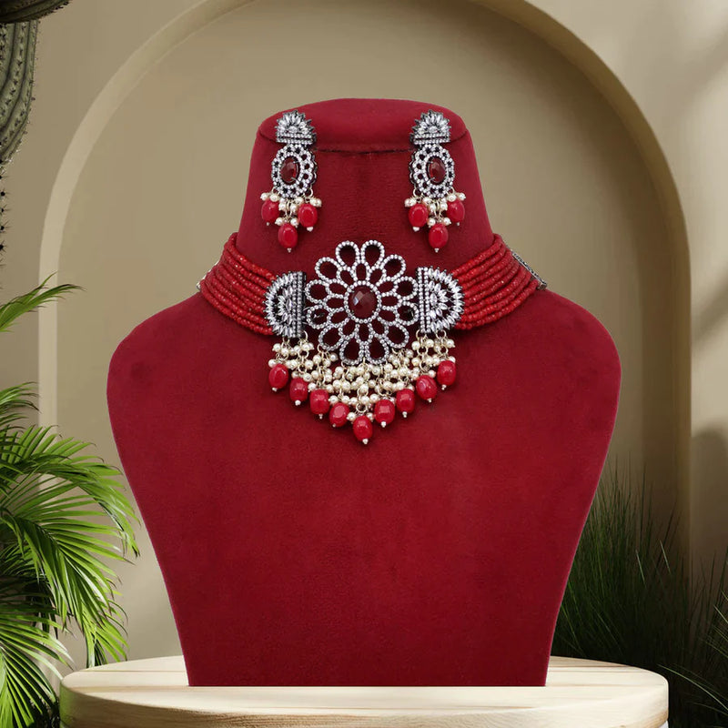 Maroon Color Black Silver Brass Premium American Diamond Choker Necklace Set (PCZN676MRN) - Maroon