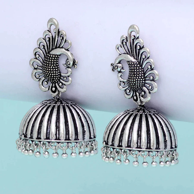 Bollywood Style Peacock Inspired Silver Tone Oxidised Metal Beads Jhumka Brass Earrings for Girls (GSE306SLV) - Silver