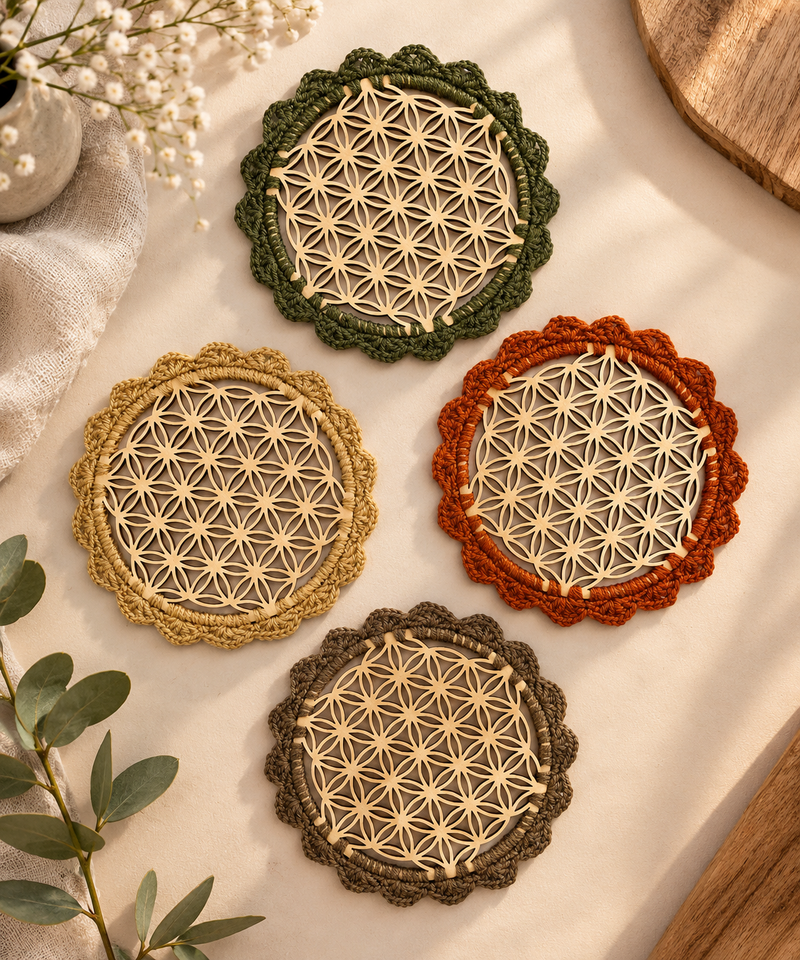 Luxury Wood & Crochet Edged Coaster Set (2 Pieces)