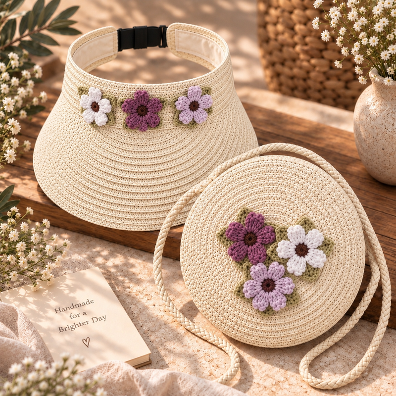 Chic Handcrafted Straw Round Bag & Floral Visor Summer Gift Set