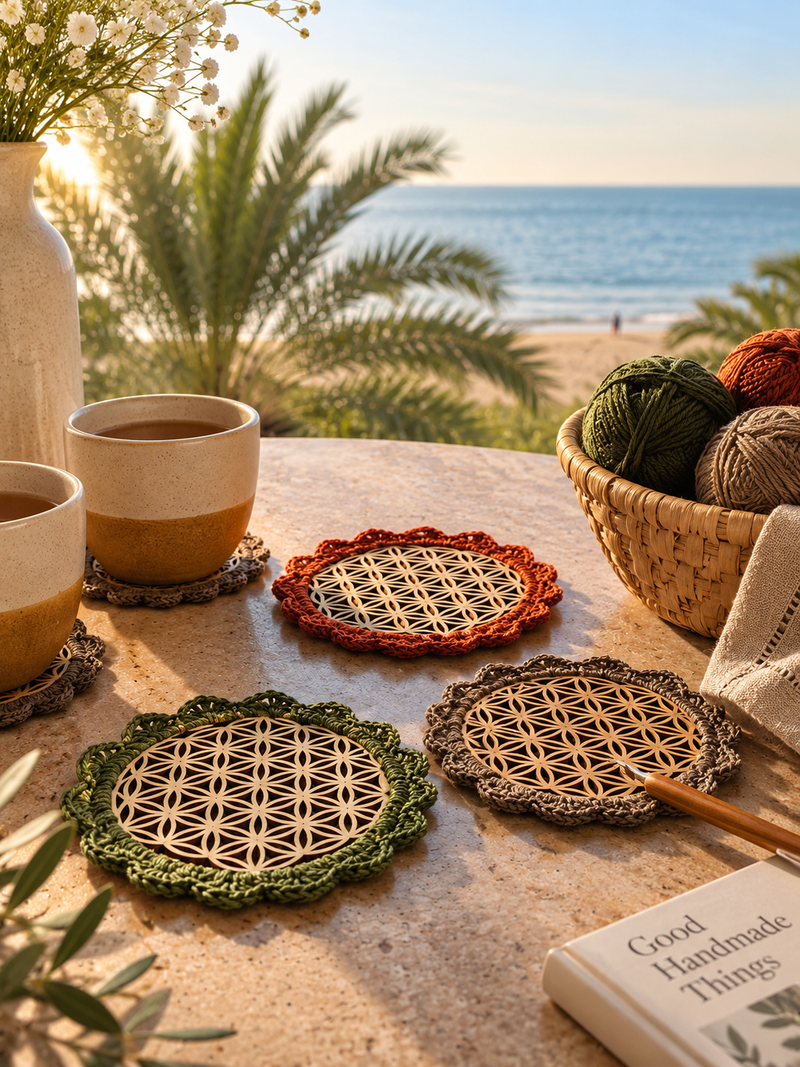 Luxury Wood & Crochet Edged Coaster Set (2 Pieces)