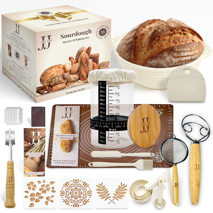 35 Piece Sourdough Starter Kit – Complete Bread Baking Set with Jar, Dough Tools, Proofing Basket, Pastry Mat, Whisk & Gift-Ready Packaging – White