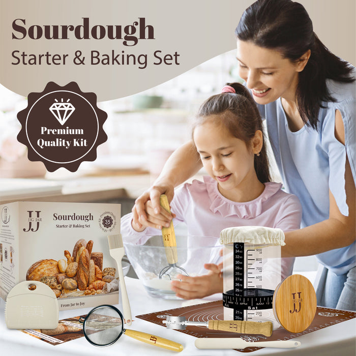 35 Piece Sourdough Starter Kit – Complete Bread Baking Set with Jar, Dough Tools, Proofing Basket, Pastry Mat, Whisk & Gift-Ready Packaging – White