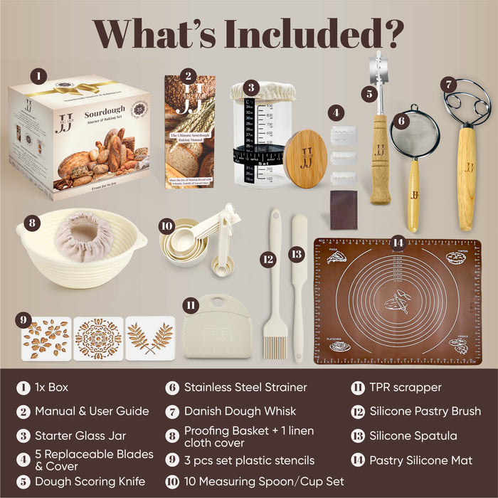 35 Piece Sourdough Starter Kit – Complete Bread Baking Set with Jar, Dough Tools, Proofing Basket, Pastry Mat, Whisk & Gift-Ready Packaging – White