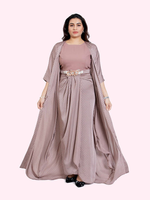 dusty rose printed elegant gown in 2 piece set