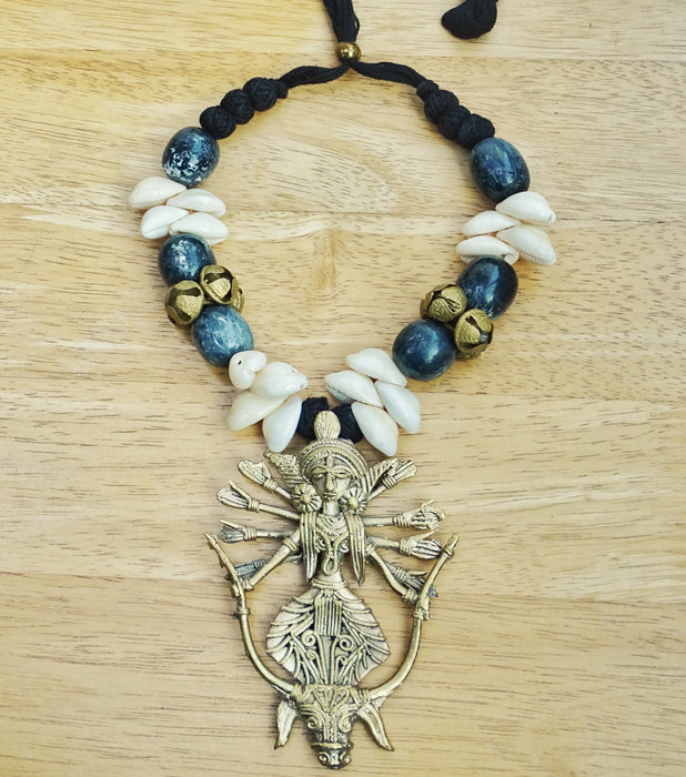 Ethnic Handcrafted Black Threaded Dokra Necklace - Durga Pendant