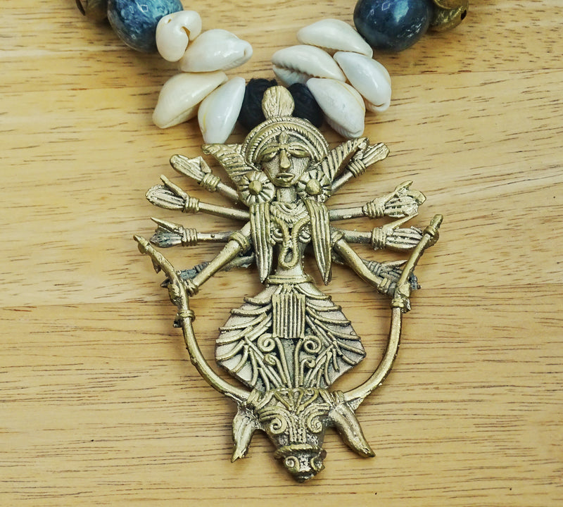 Ethnic Handcrafted Black Threaded Dokra Necklace - Durga Pendant