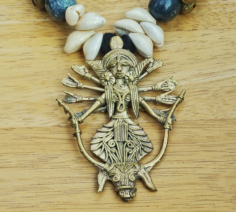 Ethnic Handcrafted Black Threaded Dokra Necklace - Durga Pendant