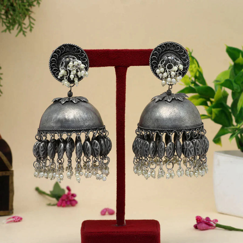 Silver Color Oxidised Big Jhumka Earrings (GSE2620SLV) - Silver