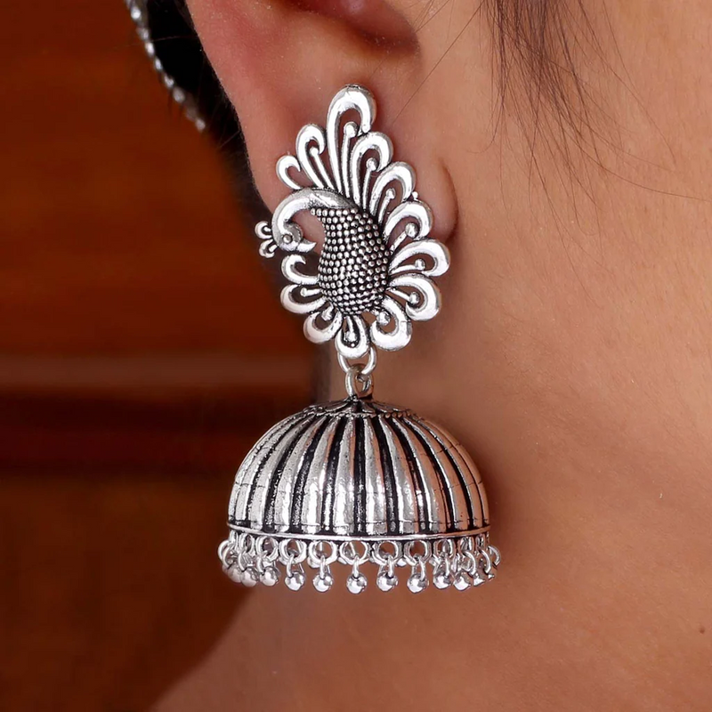 Bollywood Style Peacock Inspired Silver Tone Oxidised Metal Beads Jhumka Brass Earrings for Girls (GSE306SLV) - Silver