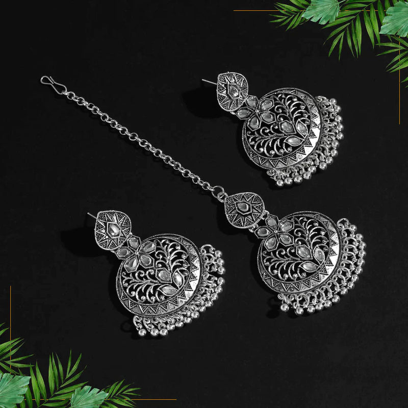 Silver Color Oxidised Earrings Tikka Set (GSMTE135SLV) - Silver