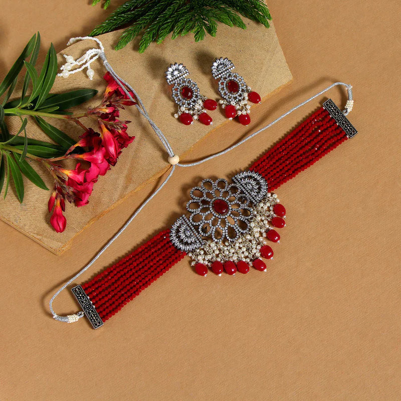 Maroon Color Black Silver Brass Premium American Diamond Choker Necklace Set (PCZN676MRN) - Maroon