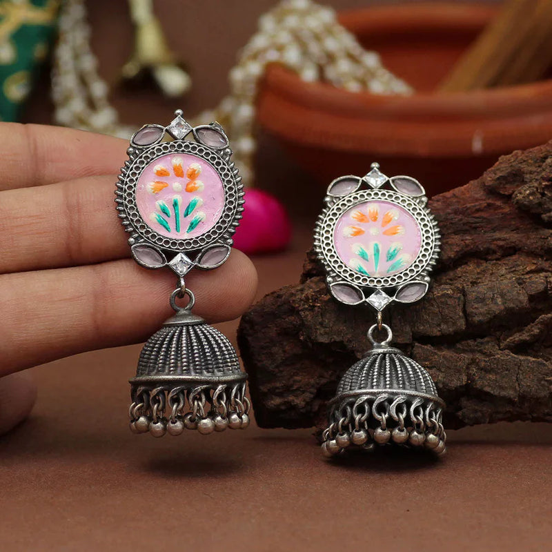 Pink Color Hand Painted Meena Work Premium Oxidised Earrings (PGSE2755PNK) - Pink