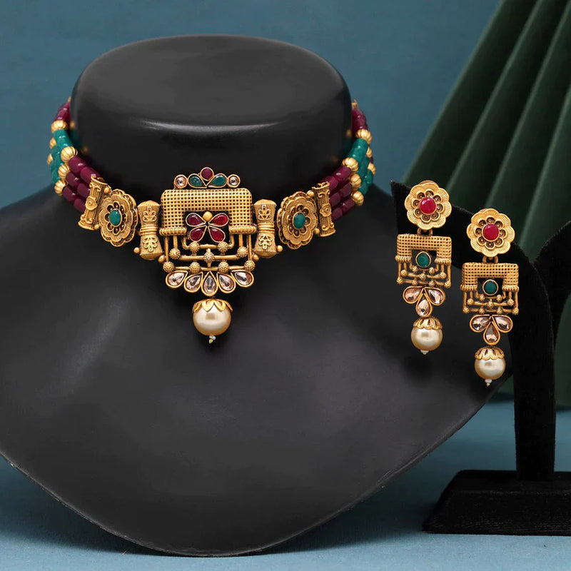 Rani & Green Color Choker Matte Gold Necklace Set (TPLN467RNIGRN) - Rani & Green